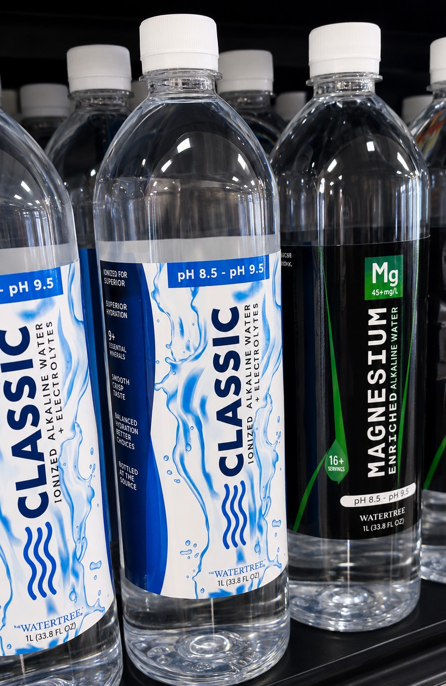 Water Tree Classic alkaline water bottles on the shelf in-store
