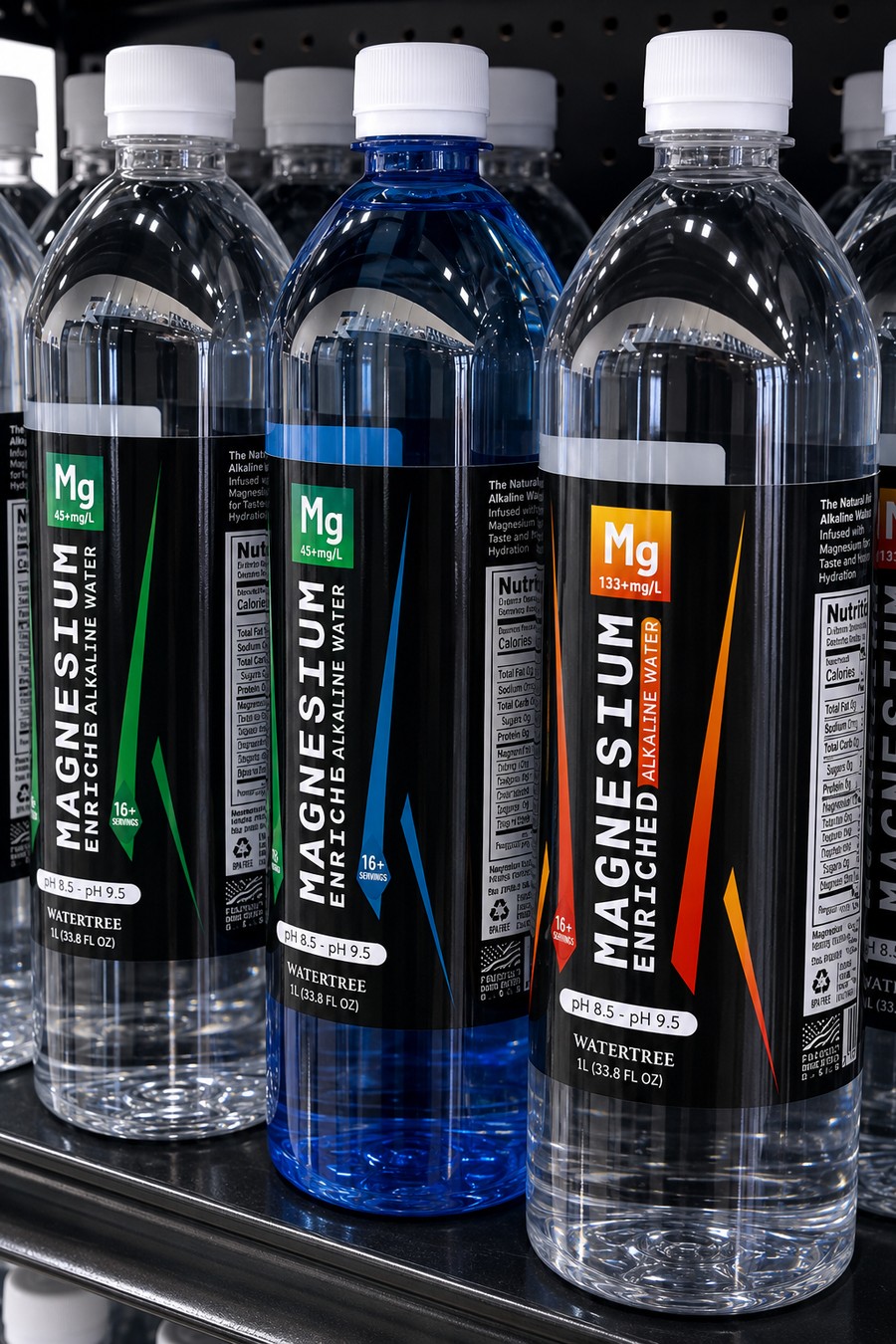 Water Tree Magnesium enriched alkaline water bottles on the shelf, 45 milligrams per liter