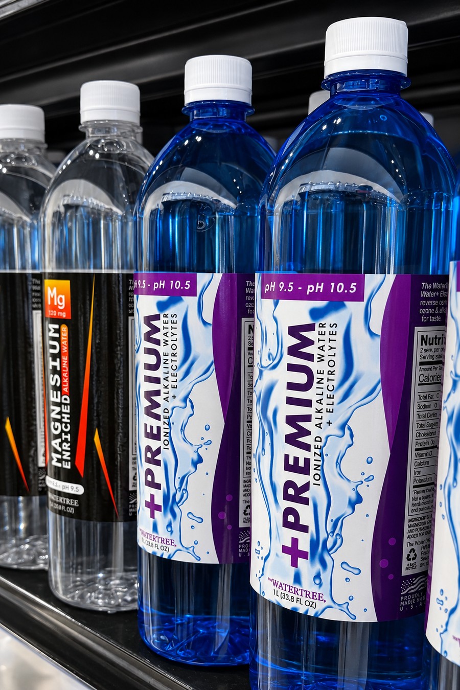 Water Tree Plus Premium alkaline water bottles on the shelf in-store