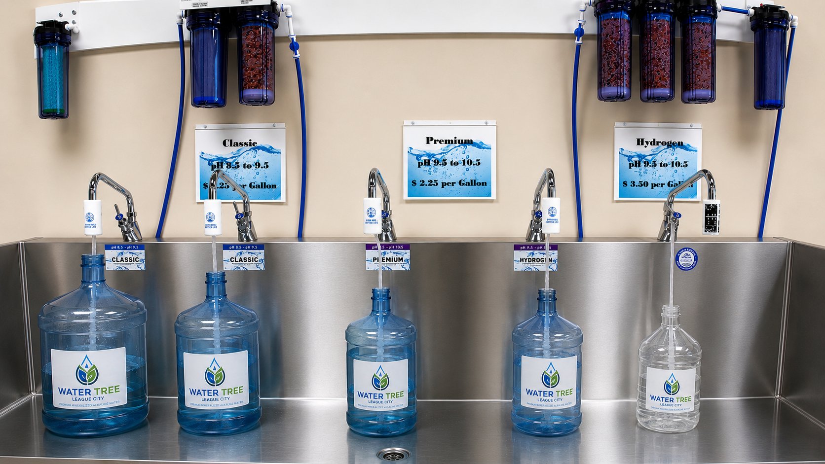 Water Tree League City self-serve refill station with Classic, Premium, and Hydrogen taps